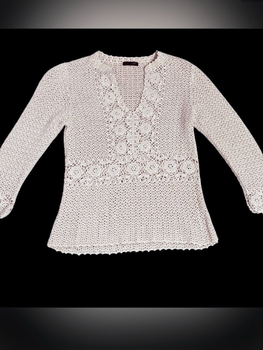 Vtg.  J.Crew Cream Crochet Medallion Cutout V-Neck Sweater Size XS